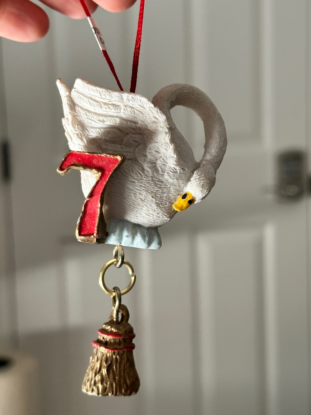 Source Unknown White Dove Ornament with Red Number 7 and Gold Tassel